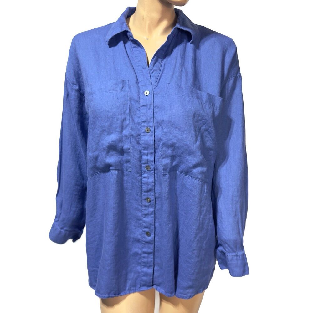 Magaschoni Oversized 100% Linen button Up shirt Blue Women’s Size M
